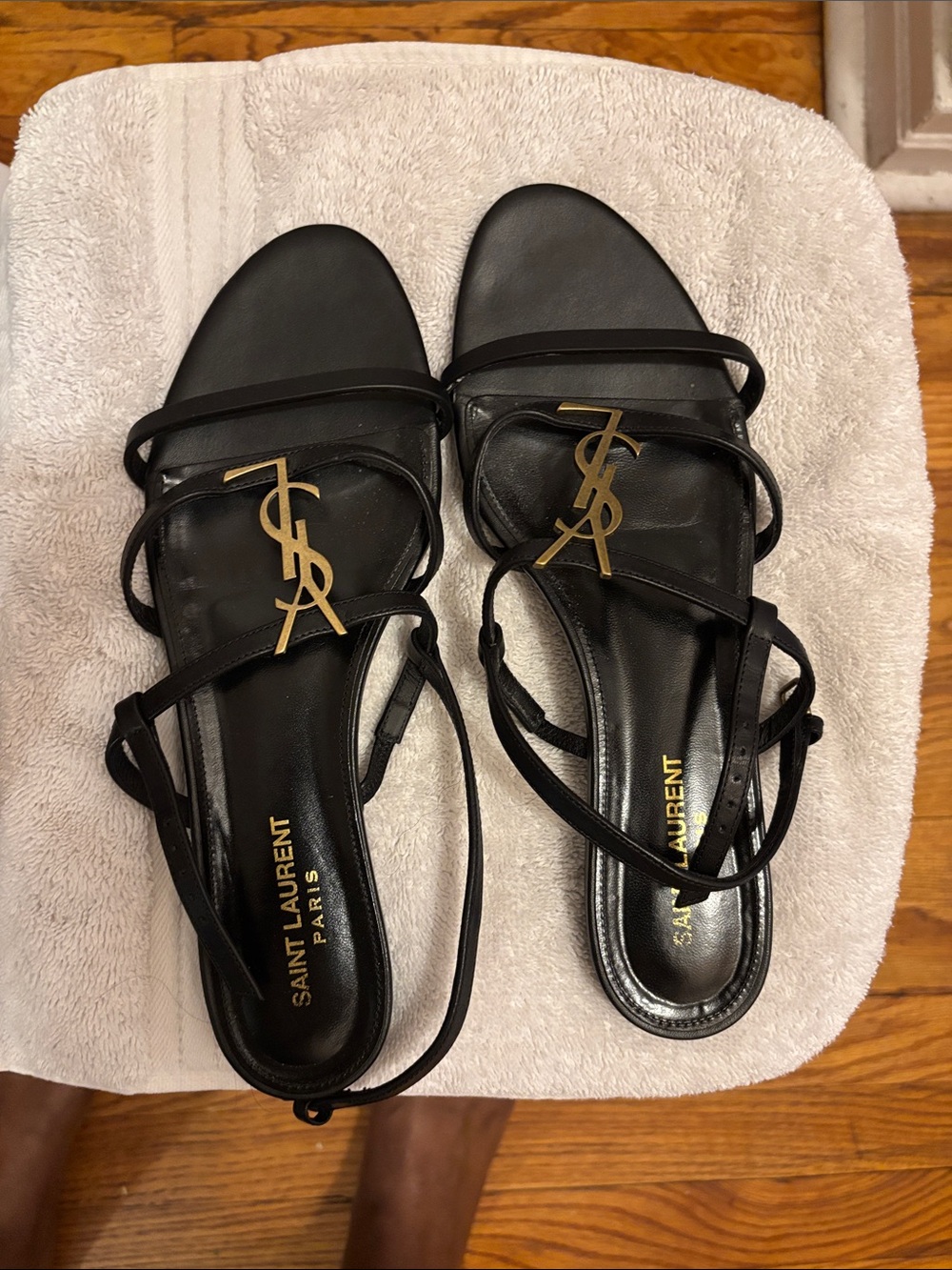 Saint Laurent Black Leather Strappy Sandals with Gold YSL Accent